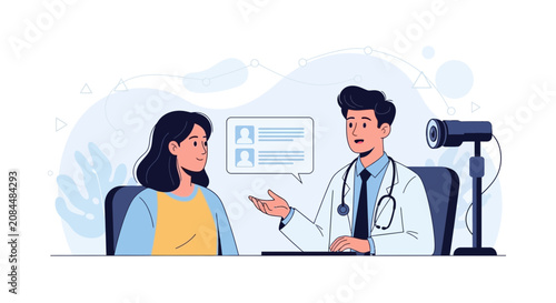 Doctor and Patient Consultation with Telemedicine Camera - Modern Flat Illustration
