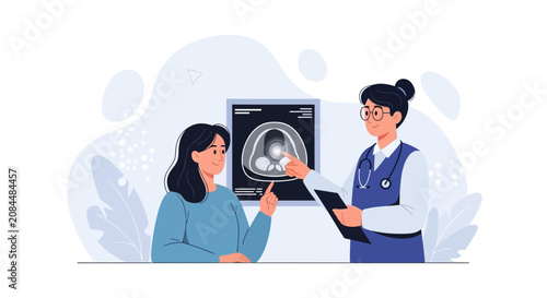 Doctor and patient discussing medical scan results in clinic, healthcare consultation, medical illustration