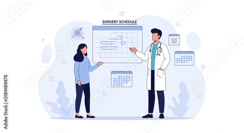 Doctor and patient discussing surgery schedule on a calendar in a modern flat illustration style, medical concept.
