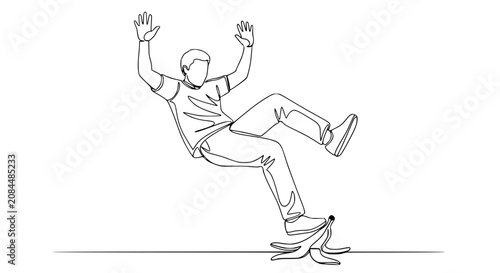 Schilderij op canvas Man slipping on banana peel, continuous line drawing, oops moment