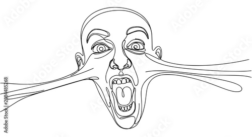Obraz na plátně Distorted Face, Screaming Mouth, Stretched Skin, Single Line Art, Expression of