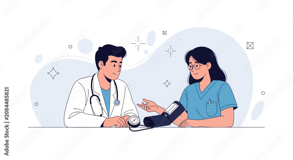 Fototapeta premium Doctor checking patient's blood pressure with sphygmomanometer, modern flat illustration in a clean, professional medical setting.