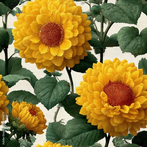 Sunflower seamless pattern with vibrant yellow blooms and green leaves on white background
