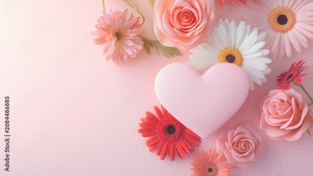Obraz premium Pink heart creating copy space surrounded by vibrant red pink roses and gerbera flowers love and appreciation symbolizing