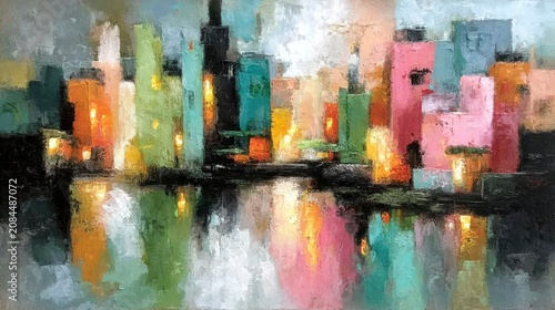 Impasto abstract cityscape with vibrant colors and water reflections