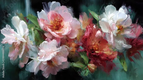 Impasto floral abstract with pink red white petals and dark green background