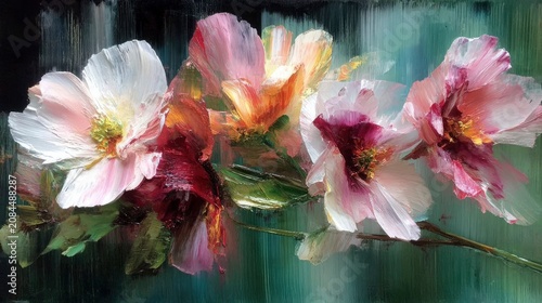 Impasto floral abstract with bold brushstrokes and vibrant pink white red petals against teal green background