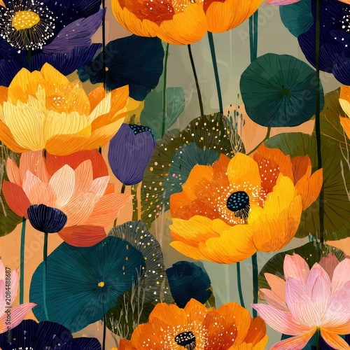 Lotus flower seamless pattern with vibrant orange pink purple blooms and green leaves