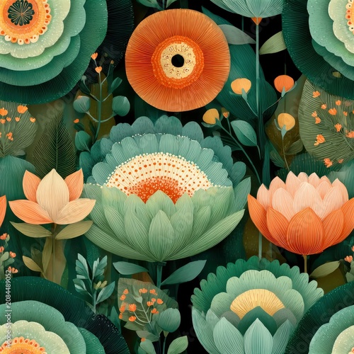 Lotus vector seamless pattern with sacred smooth shapes and precise tiled repeat