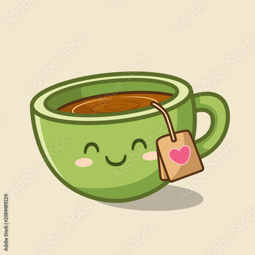 Cartoon Green Tea Cup with Heart Tea Bag Isolated