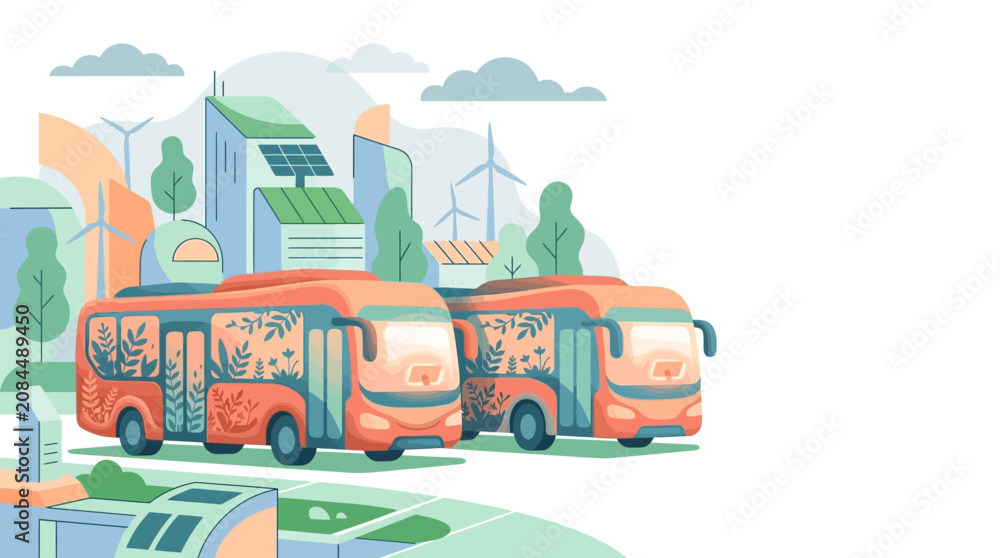 Naklejka premium Sustainable Public Transportation Concept: Electric Buses in a Green Smart City with Renewable Energy Infrastructure