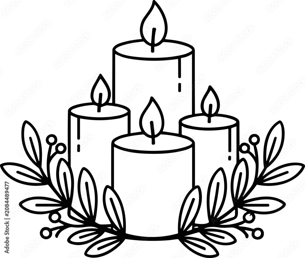 Fototapeta premium Four lit candles with festive foliage, simple outline illustration for holidays and celebrations.