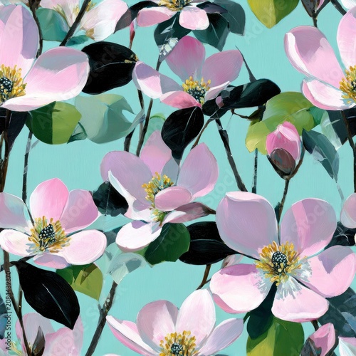 Magnolia flower seamless pattern with pink petals and teal background