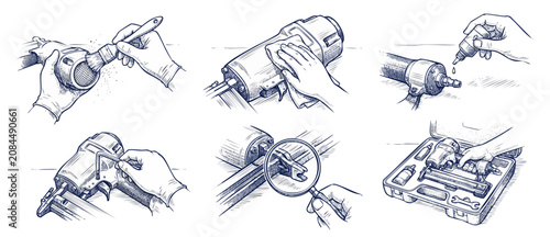 Foto Nail gun maintenance instruction steps line art showing how to clean, lubricate, repair, and service a pneumatic nailer power tool kit with hands adjusting parts, clean sketch vector infographics