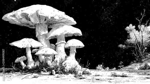 Giant mushrooms under starry night sky in surreal black and white illustration