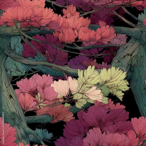 Abstract pattern of stylized coniferous branches with vibrant pink purple green foliage on dark background