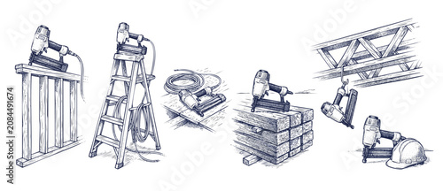 Framing nailer illustration set construction tool sketches showing pneumatic nail gun with hard hat, ladder, lumber, and trusses in vintage hand drawn woodcut style for carpentry and house projects.