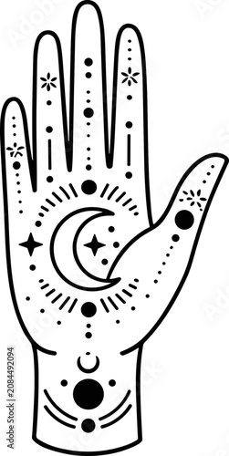 Mystic Palmistry Hand Celestial Moon Stars Esoteric Symbol Black White