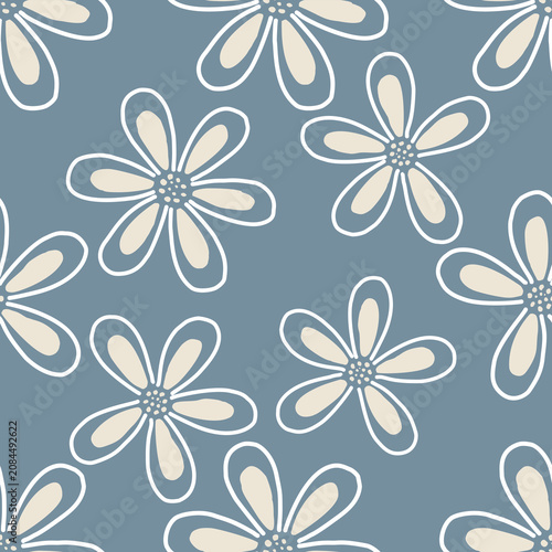 Daisy seamless floral pattern with minimalist cream flowers and white outline petals on dusty blue background, modern botanical design for fabric, wallpaper and textile print.