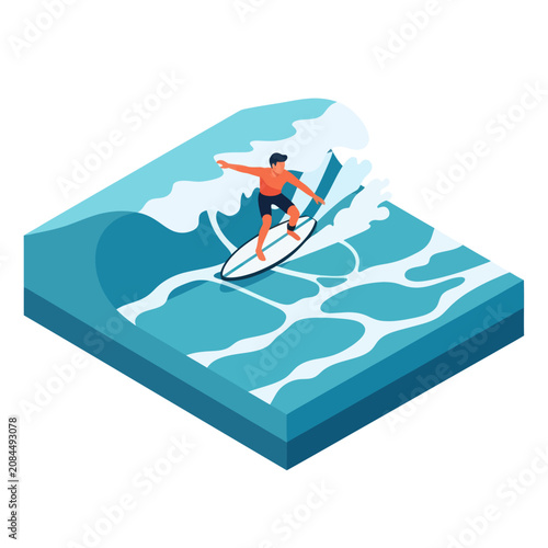 Colorful isometric illustration of a surfer riding a wave.