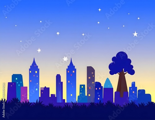 Silhouette of city skyline with hot air balloon.