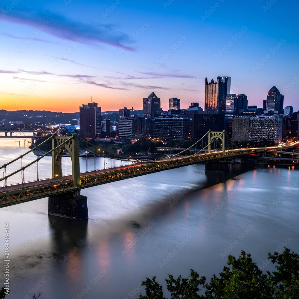 Obraz premium Golden hour cityscape with modern bridge and skyline.