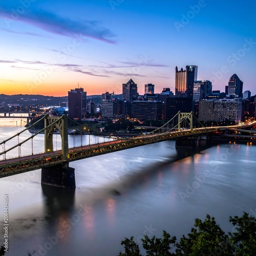 Golden hour cityscape with modern bridge and skyline.