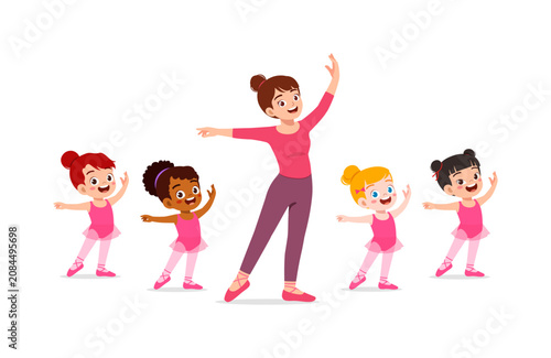 Diverse Group of Happy Little Ballerina Girls Learning Ballet with Female Teacher Smiling Joyfully