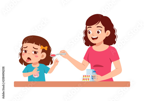 Bild auf Leinwand Caring Asian woman feeding medicine to a reluctant unhappy little girl illustrat