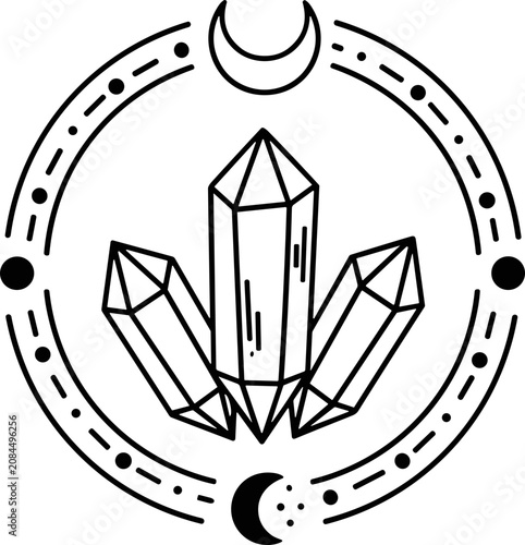 Mystic Crystal Emblem Circle Moon Stars Line Art