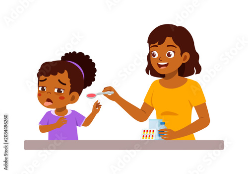 Konstfotografi African American woman happily gives medicine to a reluctant African American gi