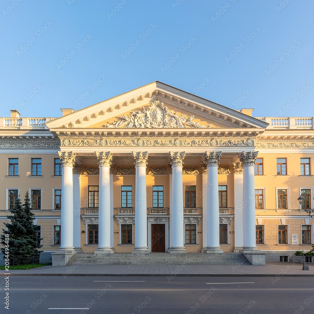 Obraz premium Grand Neoclassical Building with Columns at Sunset.
