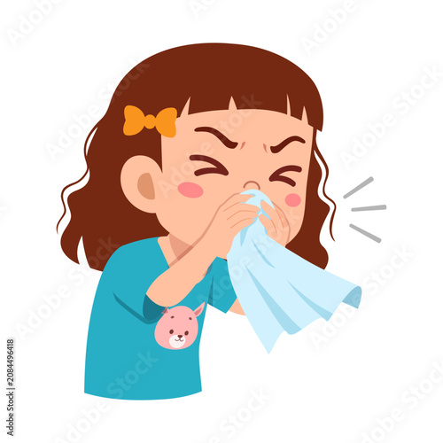 Young Asian girl blowing her nose feeling unwell with a tissue in a clear cartoon illustration