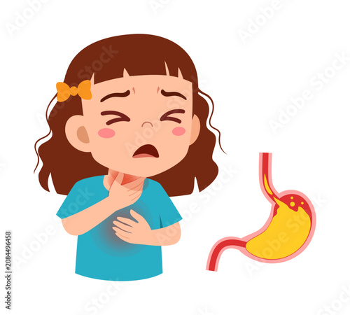 Cute young cartoon girl suffering from painful sore throat and stomach acid reflux problem feeling unwell unhappy