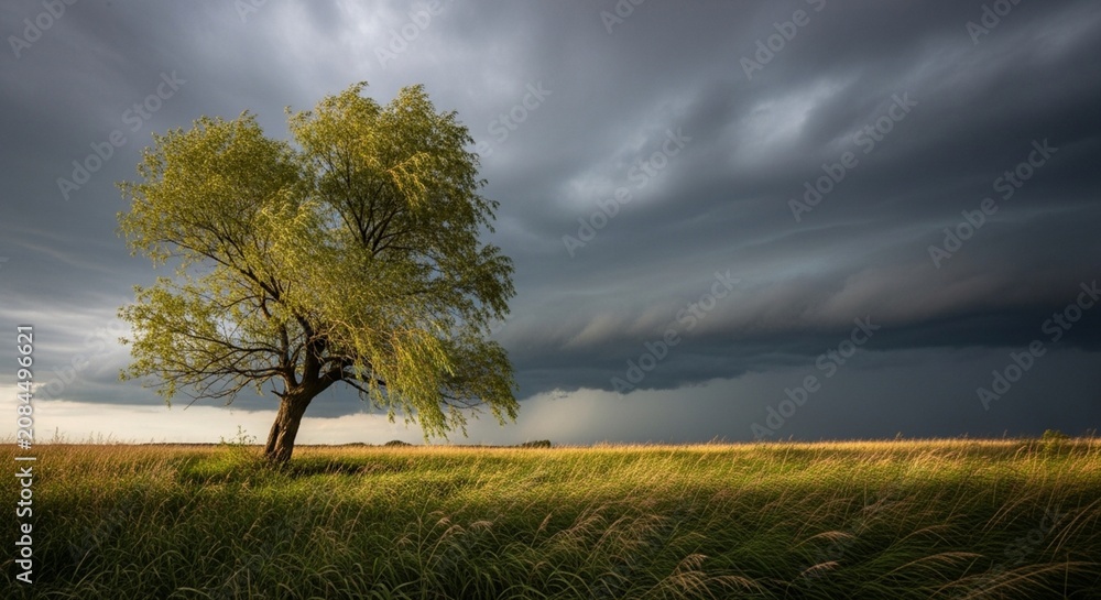 Fototapeta premium Dramatic dark storm clouds gathering behind a solitary willow tree in an open field