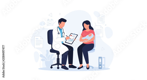 Doctor consults with mother and newborn baby, healthcare and family well-being concept illustration.