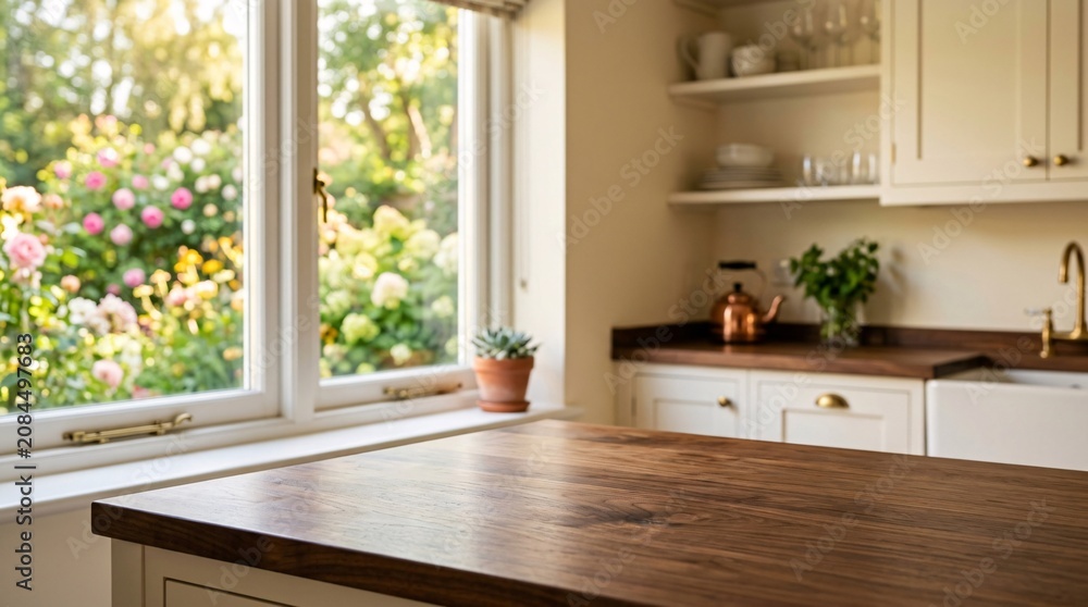 Fototapeta premium Blurred background of a bright modern country kitchen highlights a pristine dark walnut countertop as a vibrant spring garden sits outside.