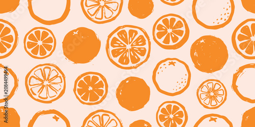 Konstfotografi Seamless pattern with hand drawn oranges and citrus slices in a sketchy brush style