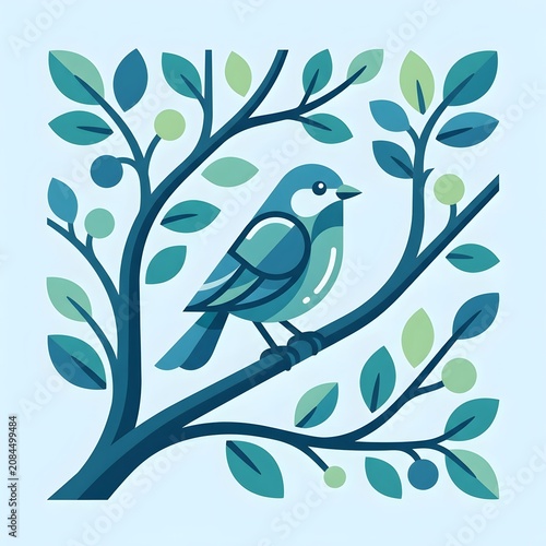 Blue bird perched on green leafy branch illustration.