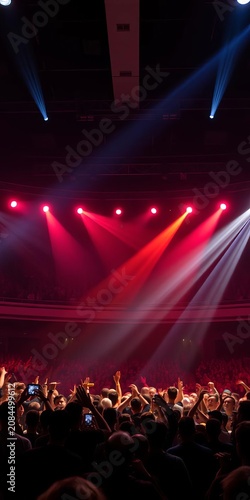 Rock concert stage lights shining bright on a crowded hall, rock show, concert hall