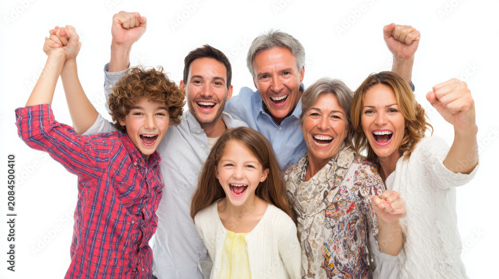 Obraz premium Group of diverse family members celebrates with enthusiasm while cheering and raising their hands.