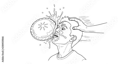Tableau sur toile Surprised man getting pie smashed into his face, splashing cream and fruit