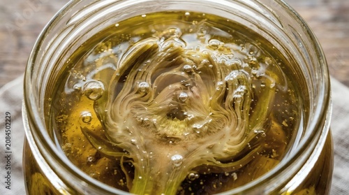 Konstfotografi Macro of Artichoke Heart Preserved in Olive Oil Viewed Through Liquid Surface Tension Layer with Micro Bubbles Refraction