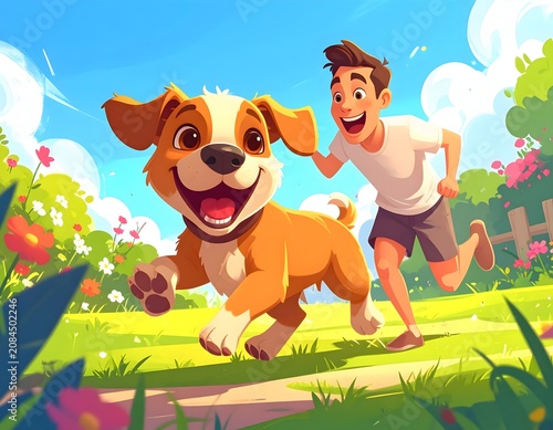 Joyful boy hugging playful golden retriever outdoors.