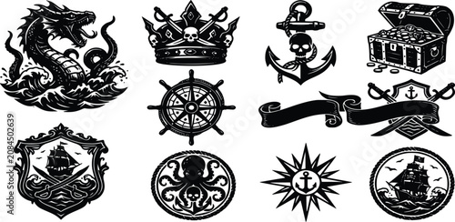 Tableau sur toile Pirate Emblems with Dragon, Skulls, Anchors, Ships, Treasure Chest, Compass, Rib