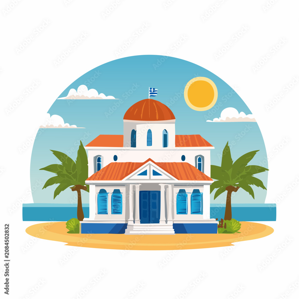 Obraz premium Greek beach villa with palm trees and sun.