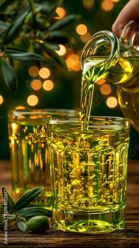 Fresh olive oil pouring into glass with olives and warm bokeh background