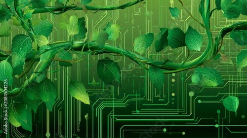Abstract green vines and leaves emerging from digital circuitry, blending nature and technology to express growth, data flow, connectivity, innovation and sustainable futuristic tech concept