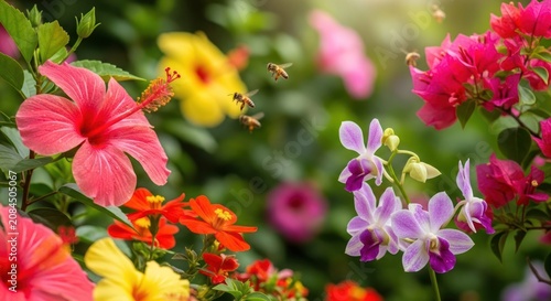 Vibrant tropical flowers blooming in a lush garden with soft sunlight filtering through.