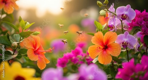 Vibrant tropical flowers in bloom with bees pollinating in soft sunlight.